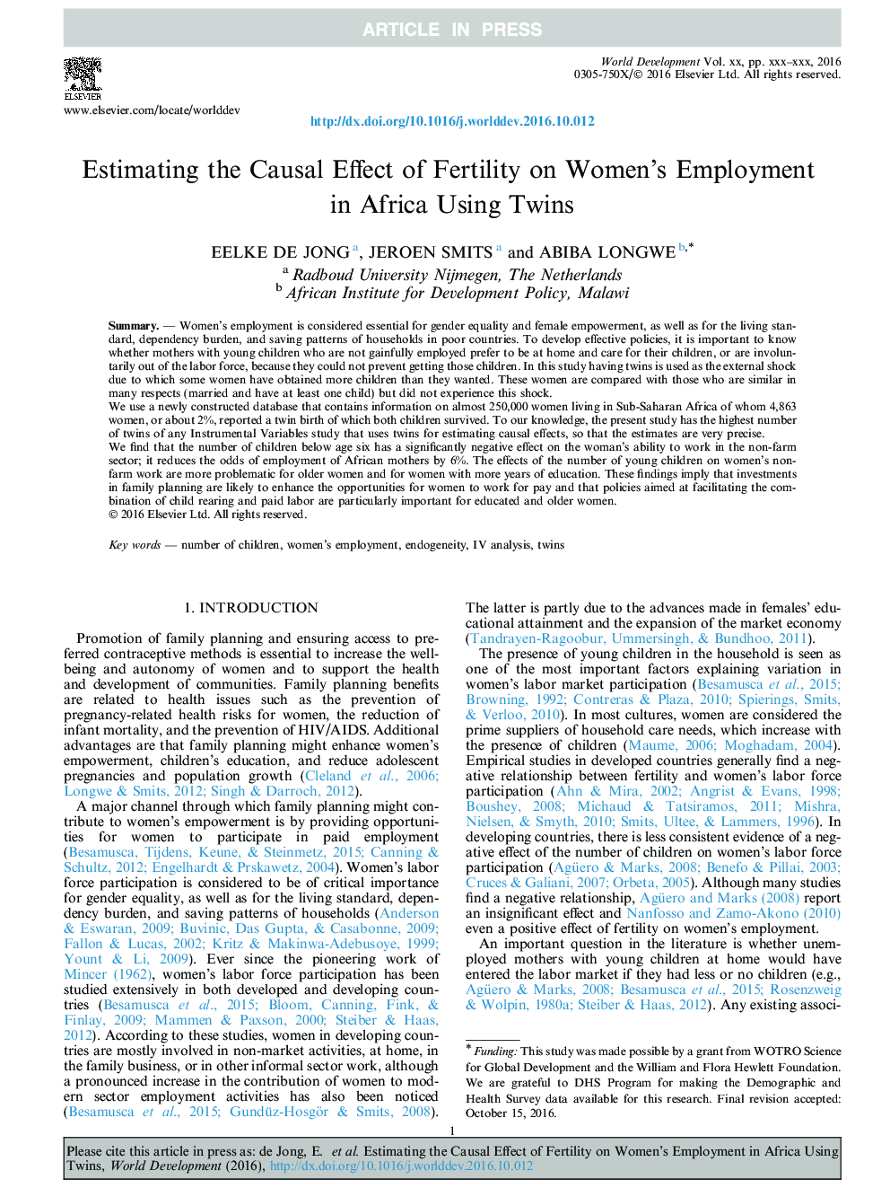 Estimating the Causal Effect of Fertility on Women's Employment in Africa Using Twins