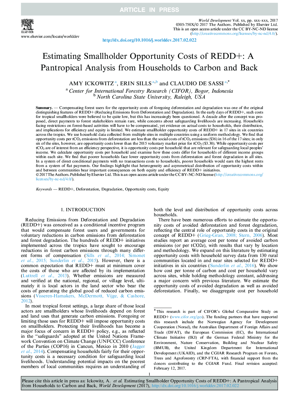 Estimating Smallholder Opportunity Costs of REDD+: A Pantropical Analysis from Households to Carbon and Back