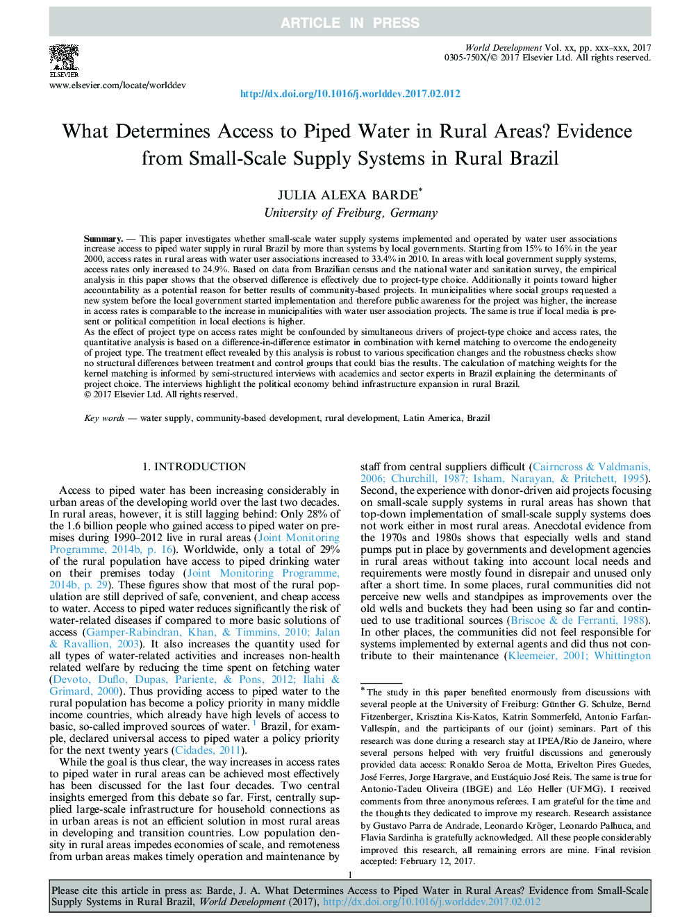 What Determines Access to Piped Water in Rural Areas? Evidence from Small-Scale Supply Systems in Rural Brazil