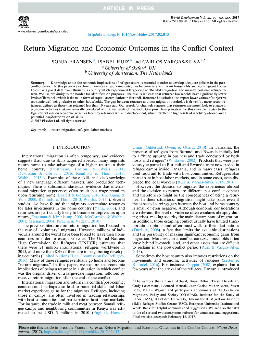 Return Migration and Economic Outcomes in the Conflict Context