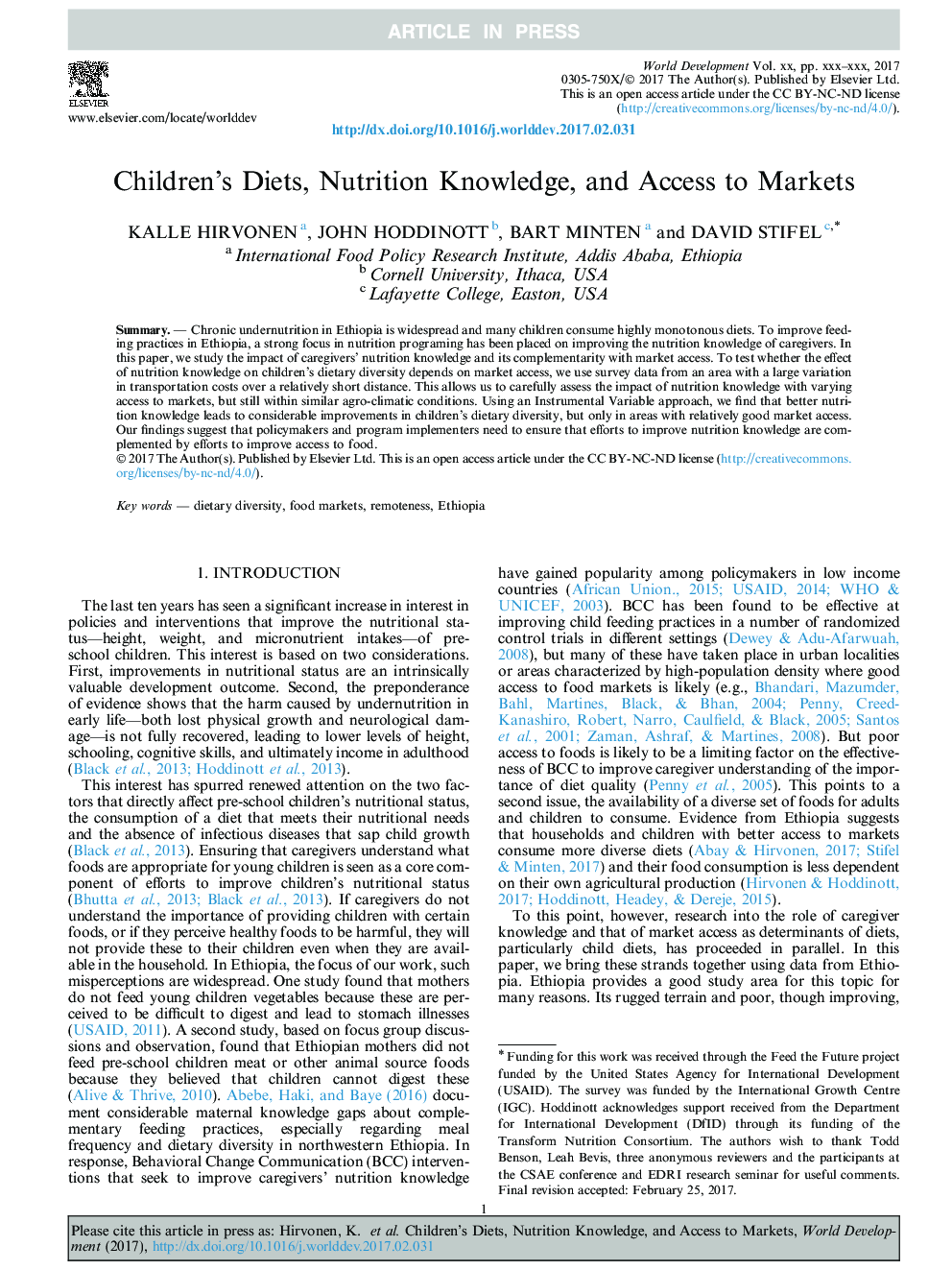 Children's Diets, Nutrition Knowledge, and Access to Markets