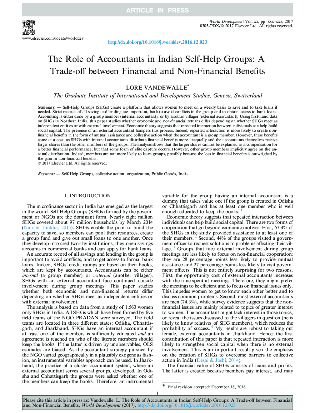 The Role of Accountants in Indian Self-Help Groups: A Trade-off between Financial and Non-Financial Benefits