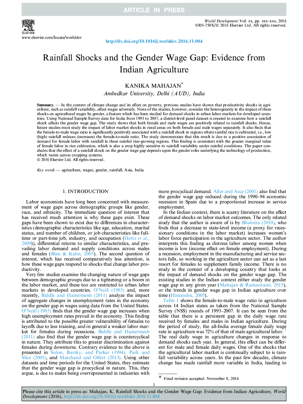شوک های بارش و ناامنی جنسیتی: شواهدی از کشاورزی هند 