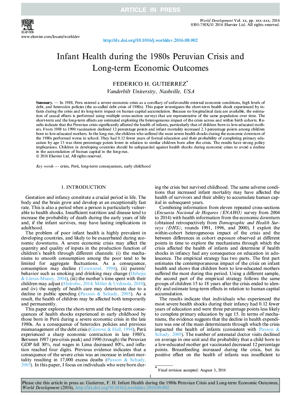 Infant Health during the 1980s Peruvian Crisis and Long-term Economic Outcomes