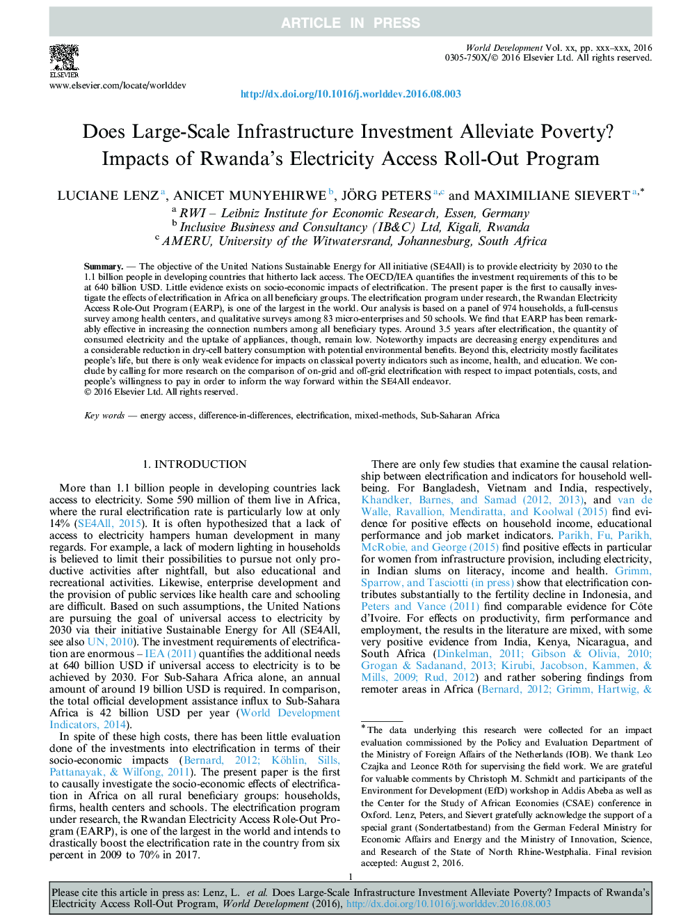 Does Large-Scale Infrastructure Investment Alleviate Poverty? Impacts of Rwanda's Electricity Access Roll-Out Program