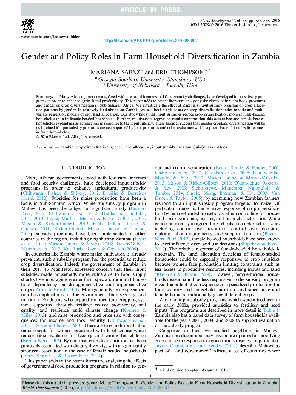 نقش جنسیتی و سیاست در تنوع زراعی خانوار در زامبیا 