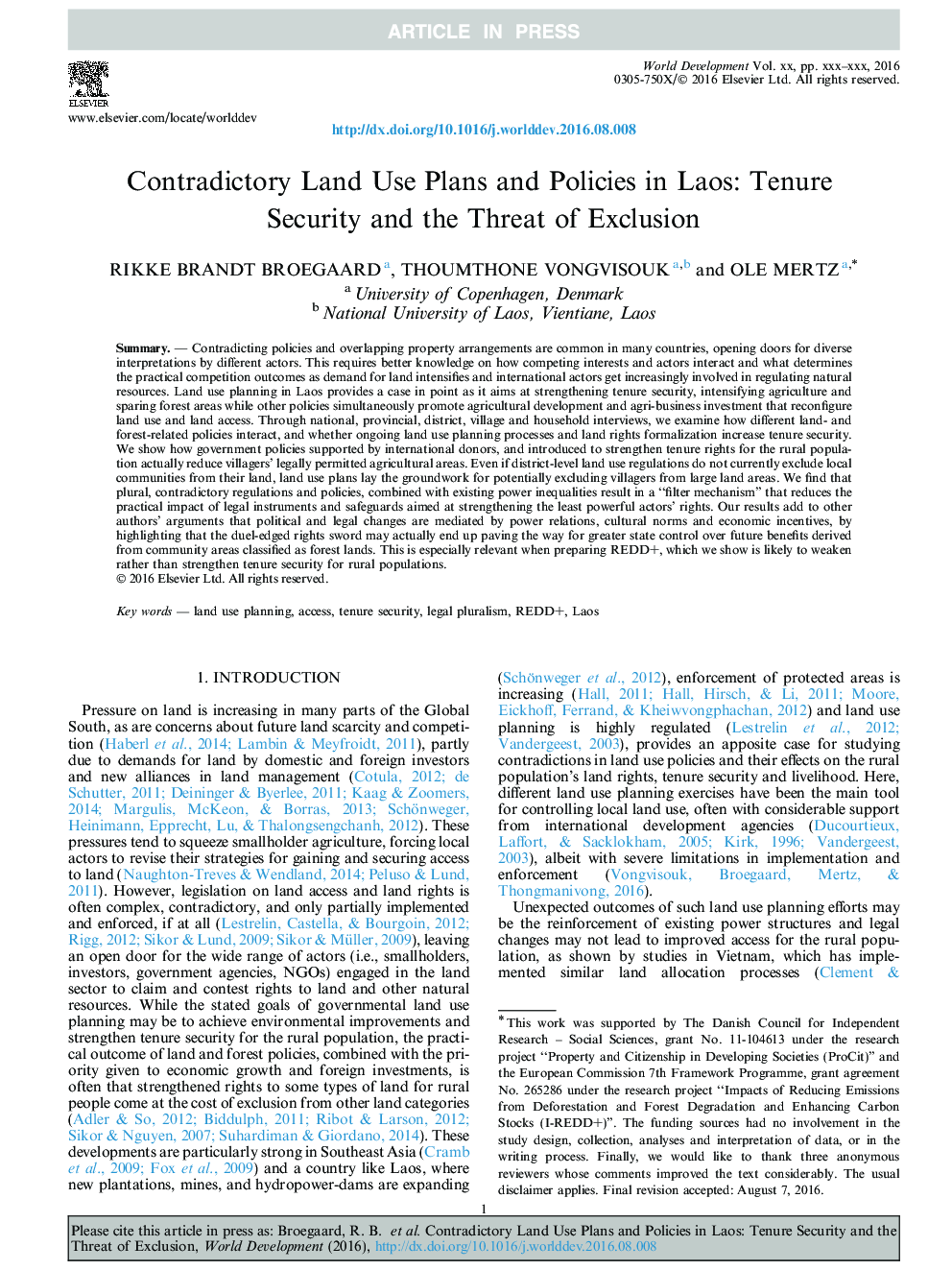 Contradictory Land Use Plans and Policies in Laos: Tenure Security and the Threat of Exclusion