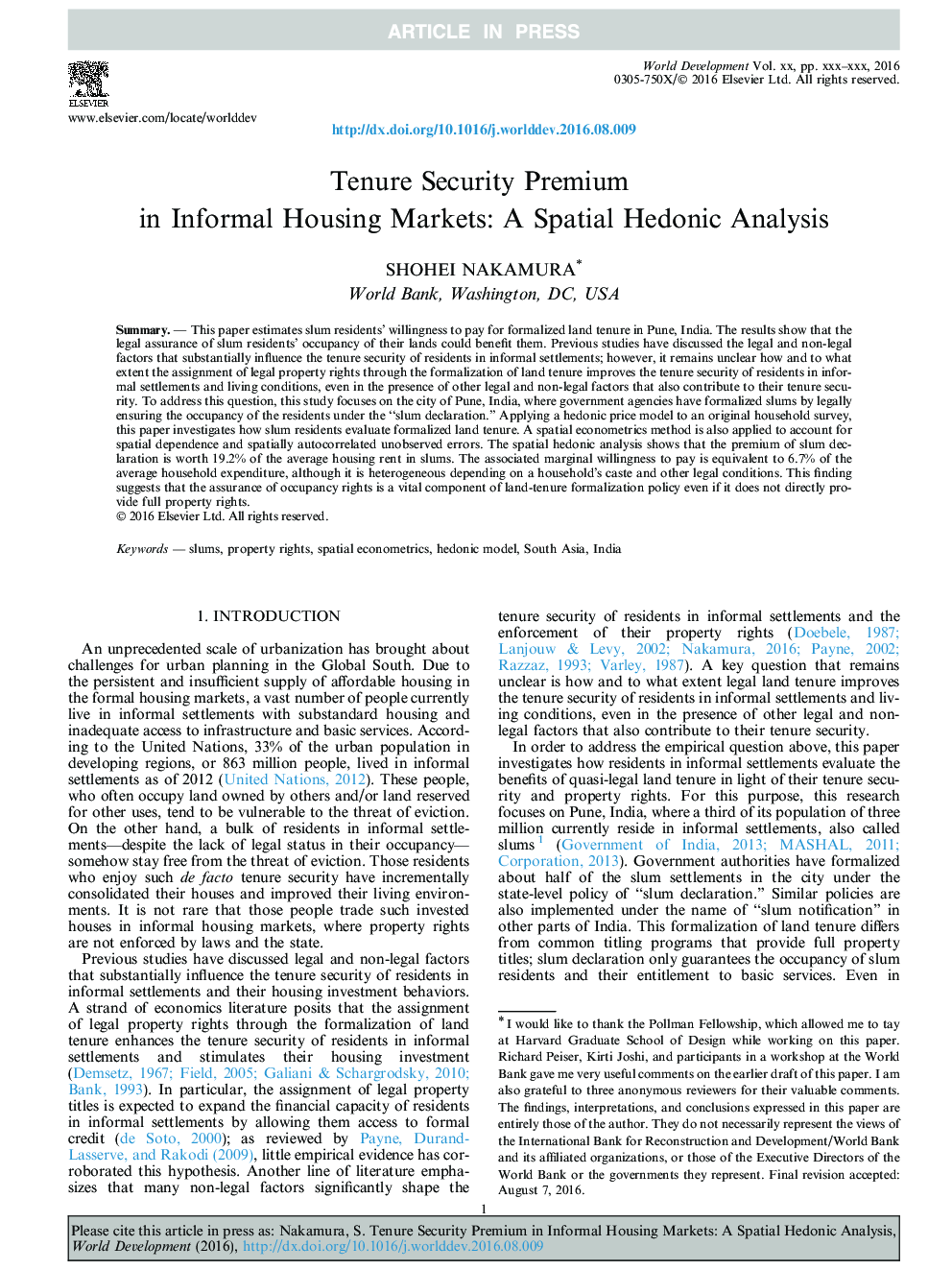 Tenure Security Premium in Informal Housing Markets: A Spatial Hedonic Analysis
