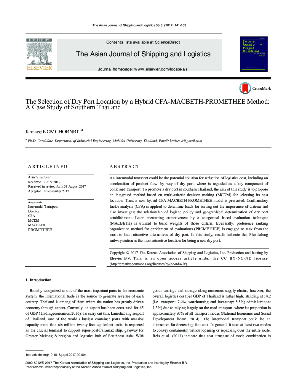 The Selection of Dry Port Location by a Hybrid CFA-MACBETH-PROMETHEE Method: A Case Study of Southern Thailand