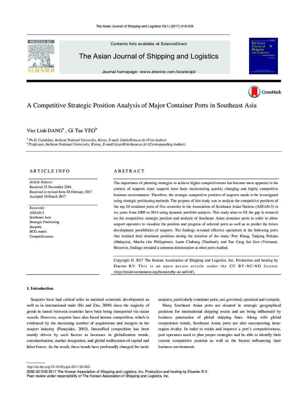 A Competitive Strategic Position Analysis of Major Container Ports in Southeast Asia