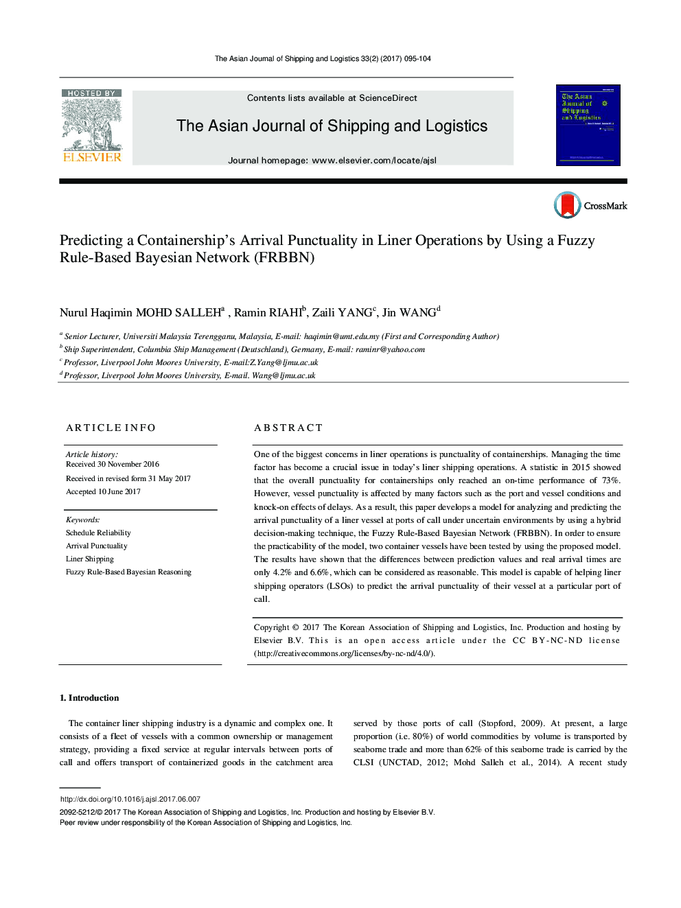 Predicting a Containership's Arrival Punctuality in Liner Operations by Using a Fuzzy Rule-Based Bayesian Network (FRBBN)