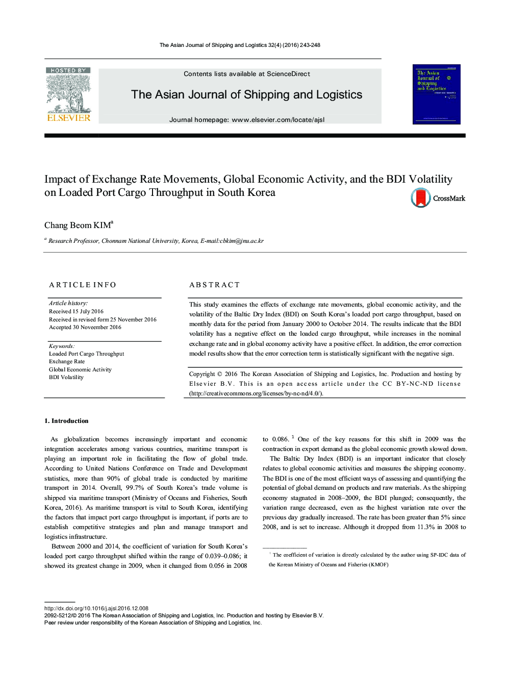 Impact of Exchange Rate Movements, Global Economic Activity, and the BDI Volatility on Loaded Port Cargo Throughput in South Korea