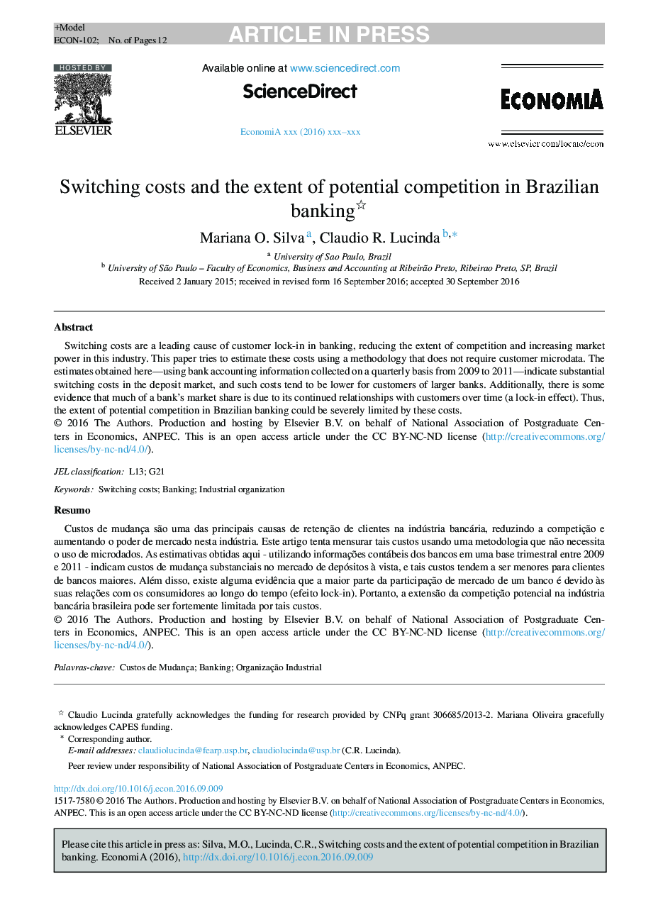 هزینه های تعویض و میزان رقابت بالقوه در بانکداری برزیل 