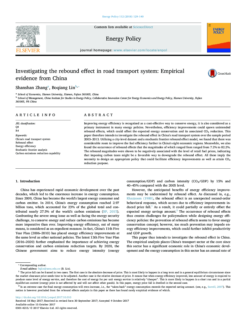Investigating the rebound effect in road transport system: Empirical evidence from China