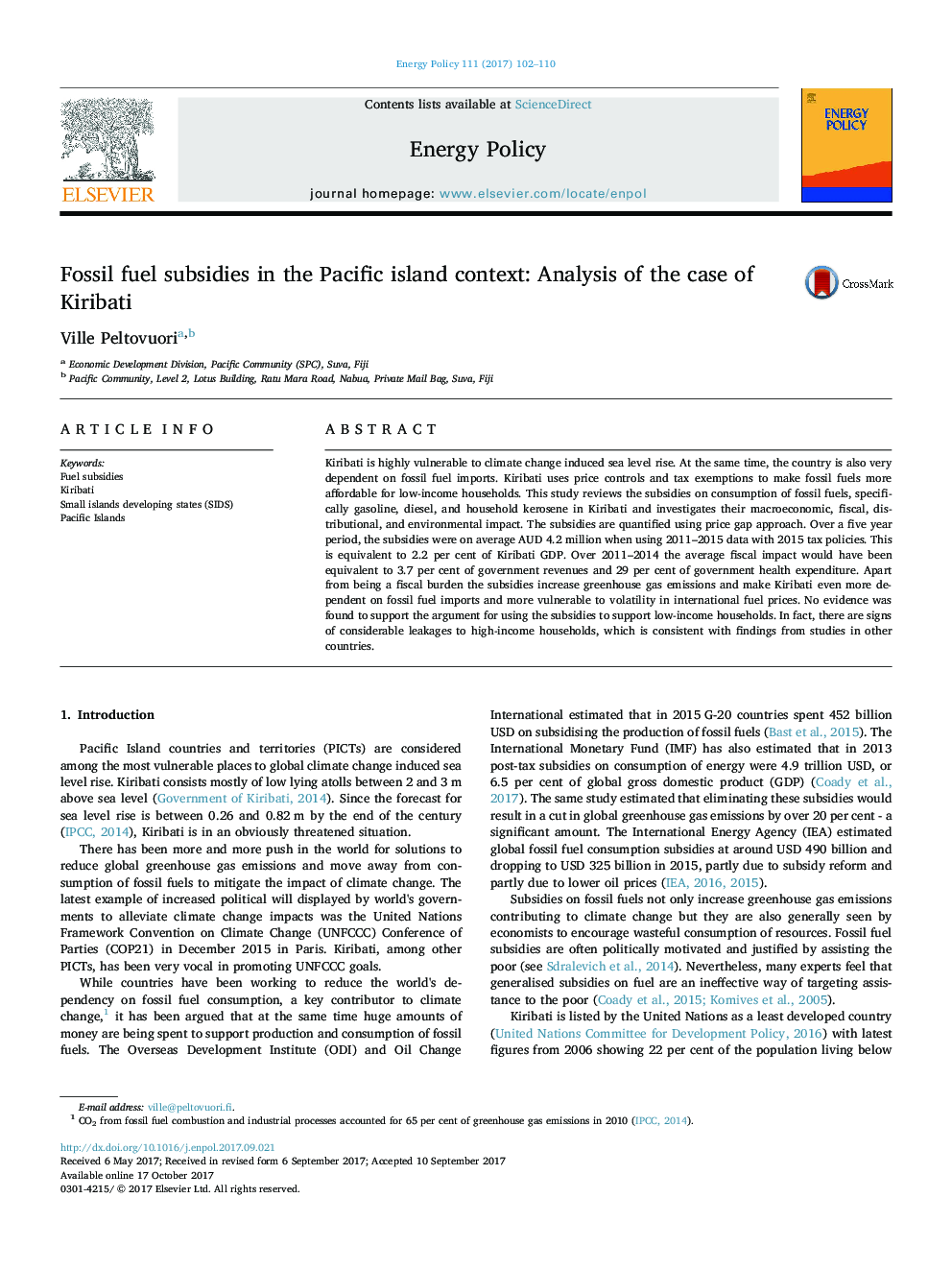 Fossil fuel subsidies in the Pacific island context: Analysis of the case of Kiribati