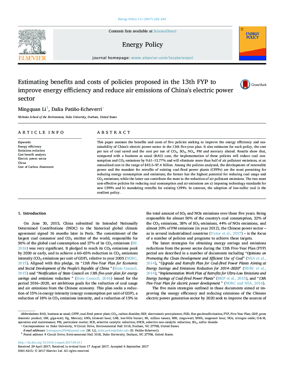 Estimating benefits and costs of policies proposed in the 13th FYP to improve energy efficiency and reduce air emissions of China's electric power sector