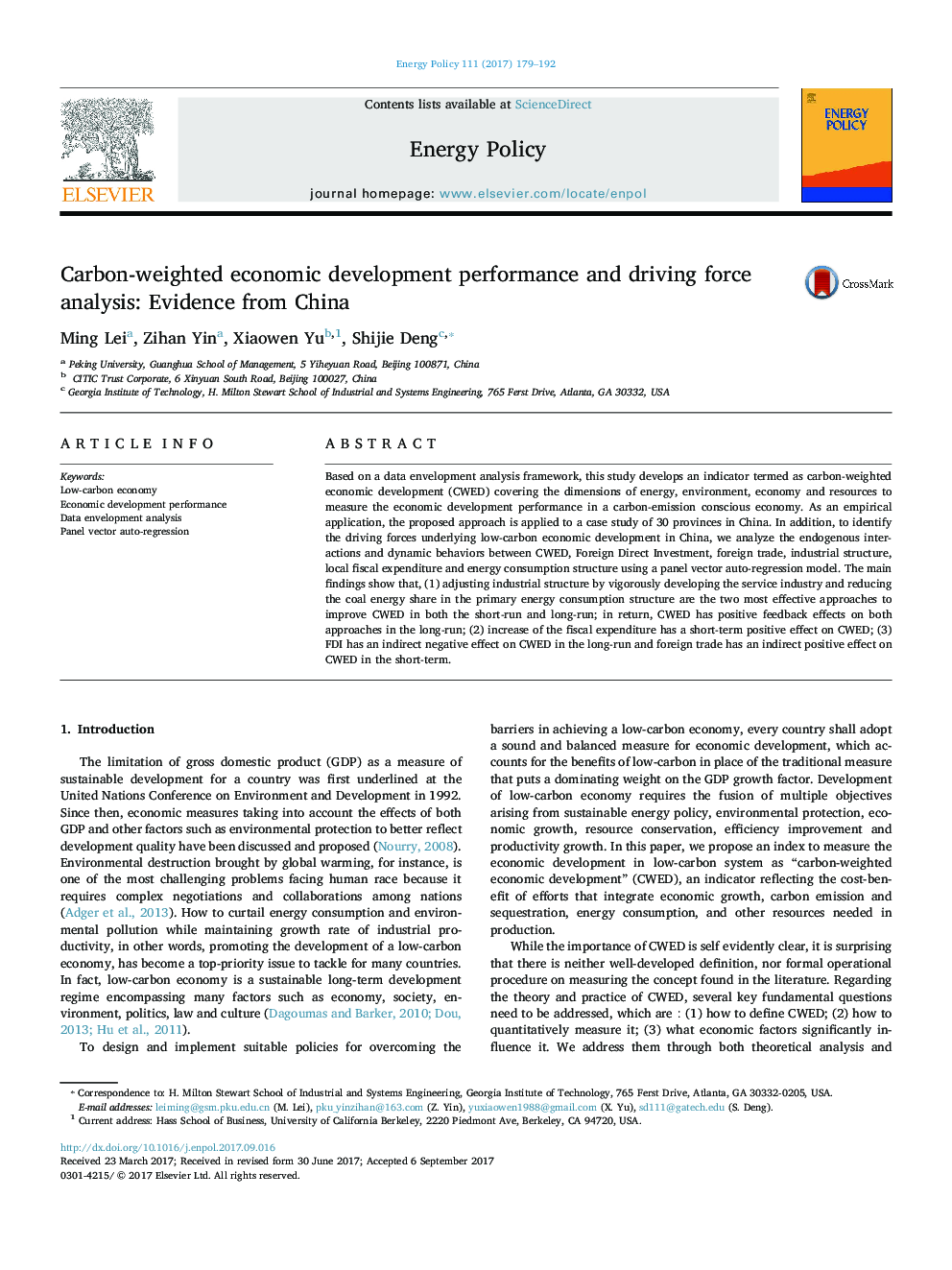 Carbon-weighted economic development performance and driving force analysis: Evidence from China