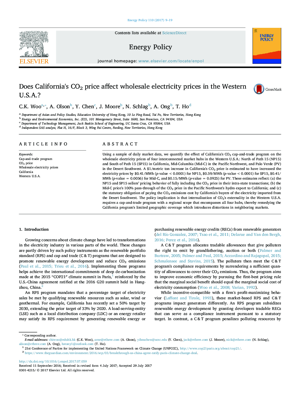 Does California's CO2 price affect wholesale electricity prices in the Western U.S.A.?