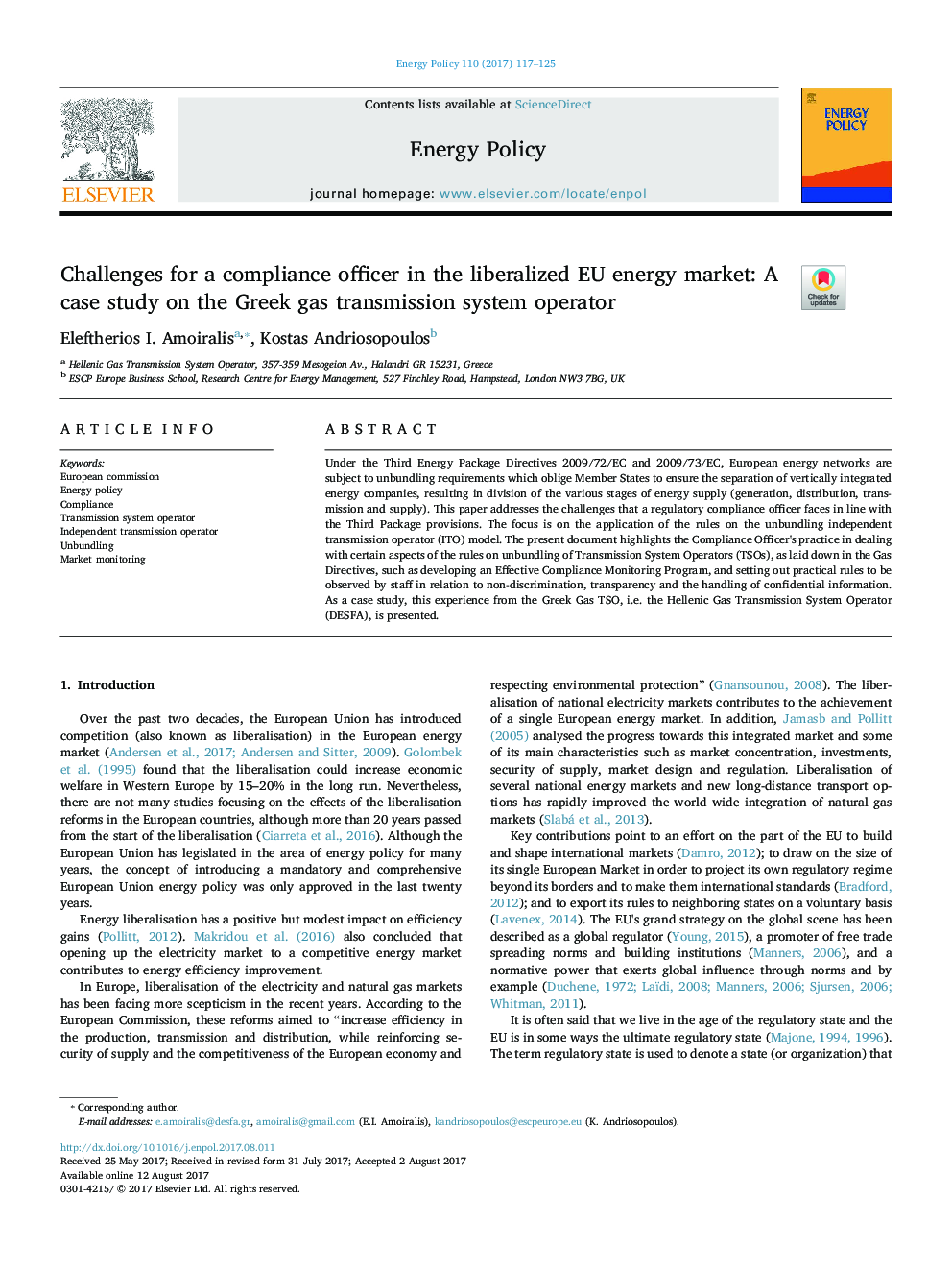 چالش هایی برای یک افسر انطباق در بازار انرژی لیبرال اتحادیه اروپا: یک مطالعه موردی در مورد اپراتور سیستم انتقال گاز یونان 