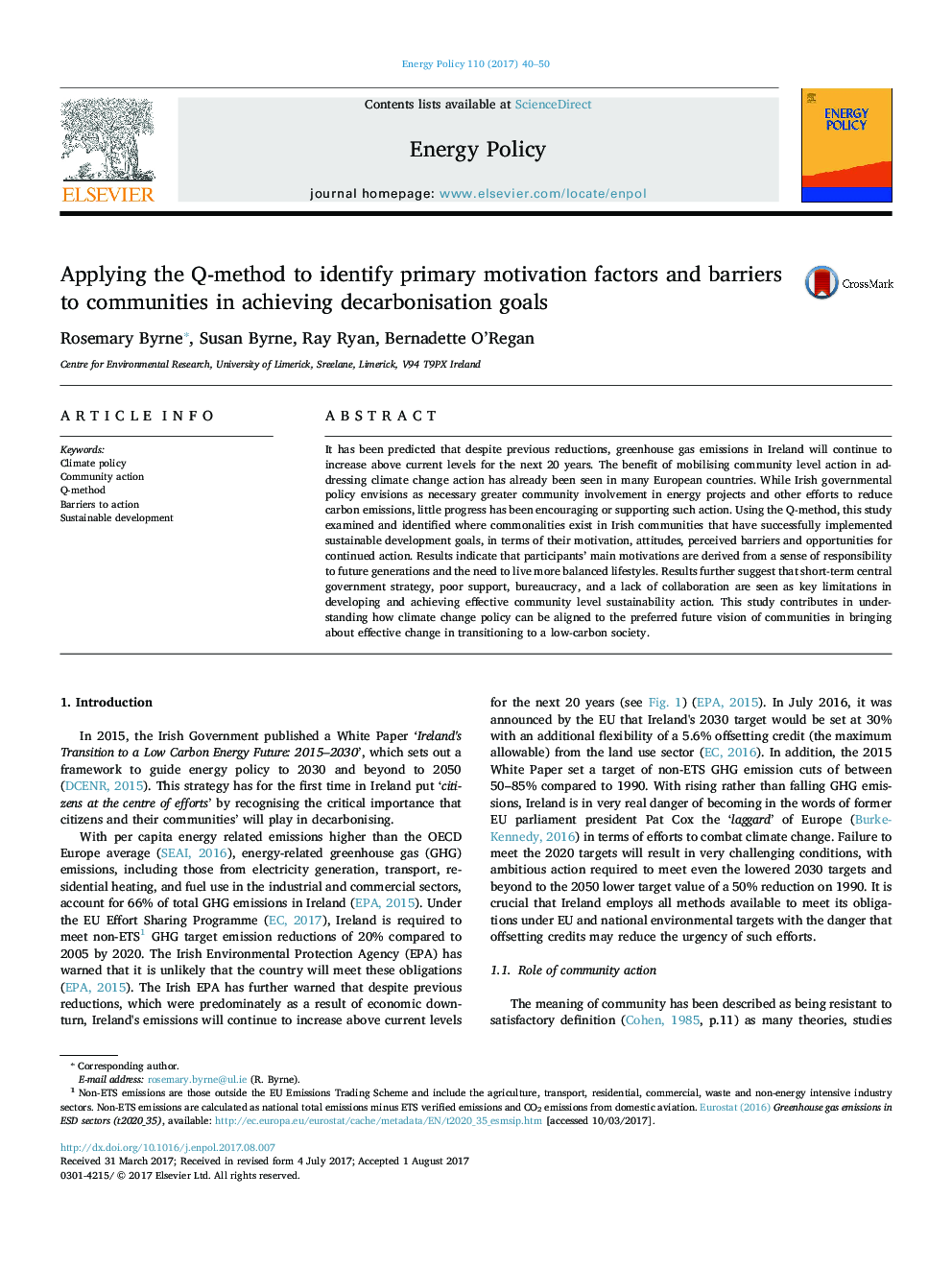 Applying the Q-method to identify primary motivation factors and barriers to communities in achieving decarbonisation goals