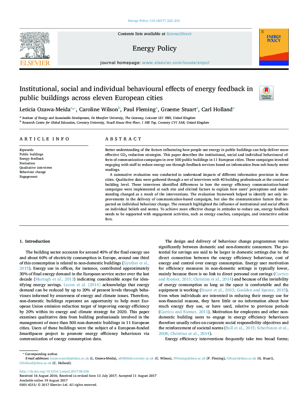 Institutional, social and individual behavioural effects of energy feedback in public buildings across eleven European cities