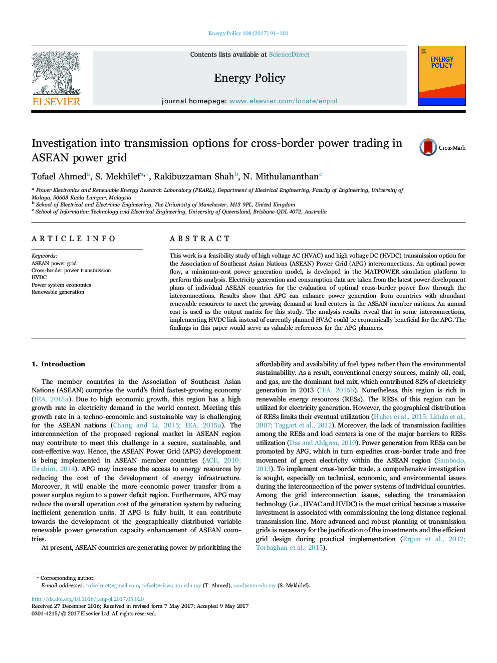 Investigation into transmission options for cross-border power trading in ASEAN power grid
