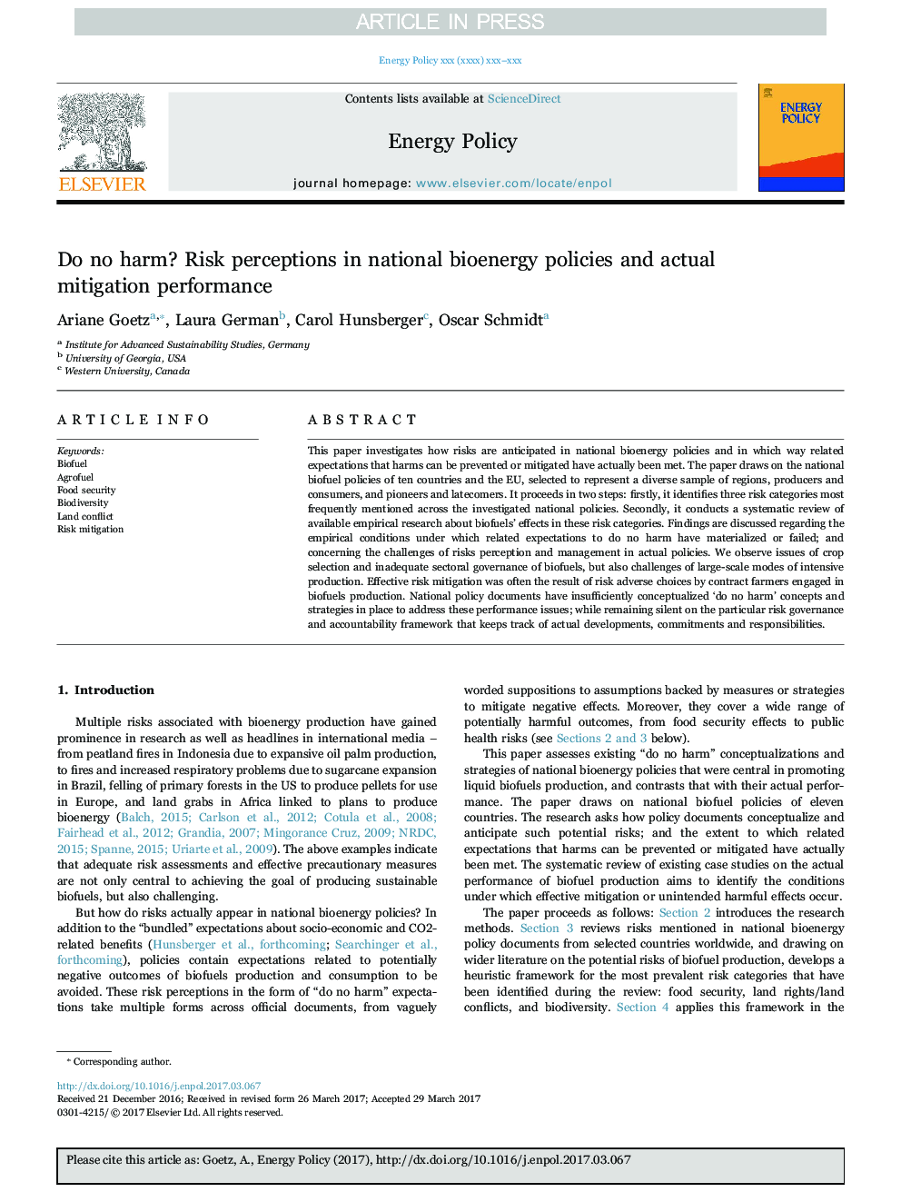 Do no harm? Risk perceptions in national bioenergy policies and actual mitigation performance