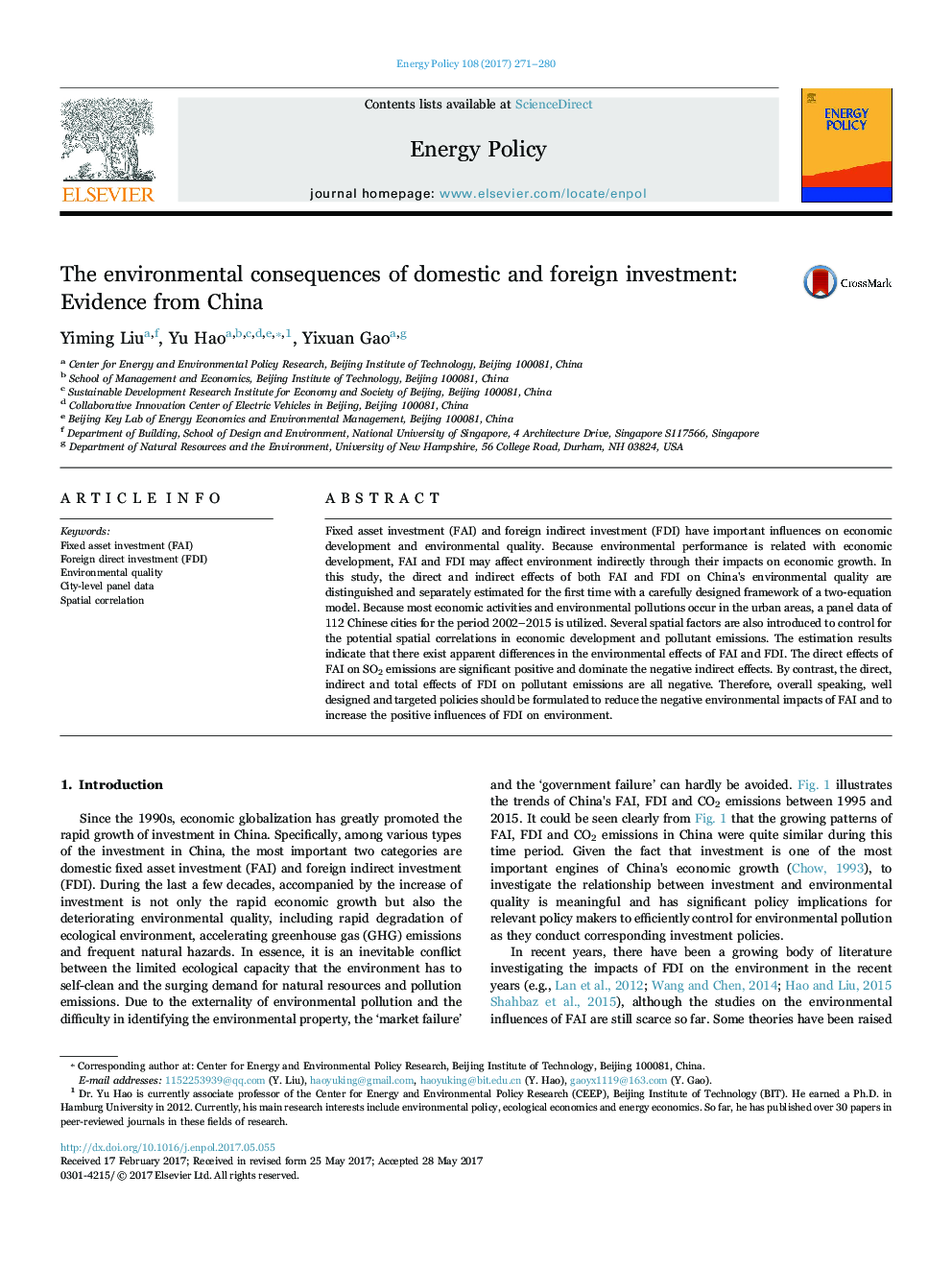 The environmental consequences of domestic and foreign investment: Evidence from China