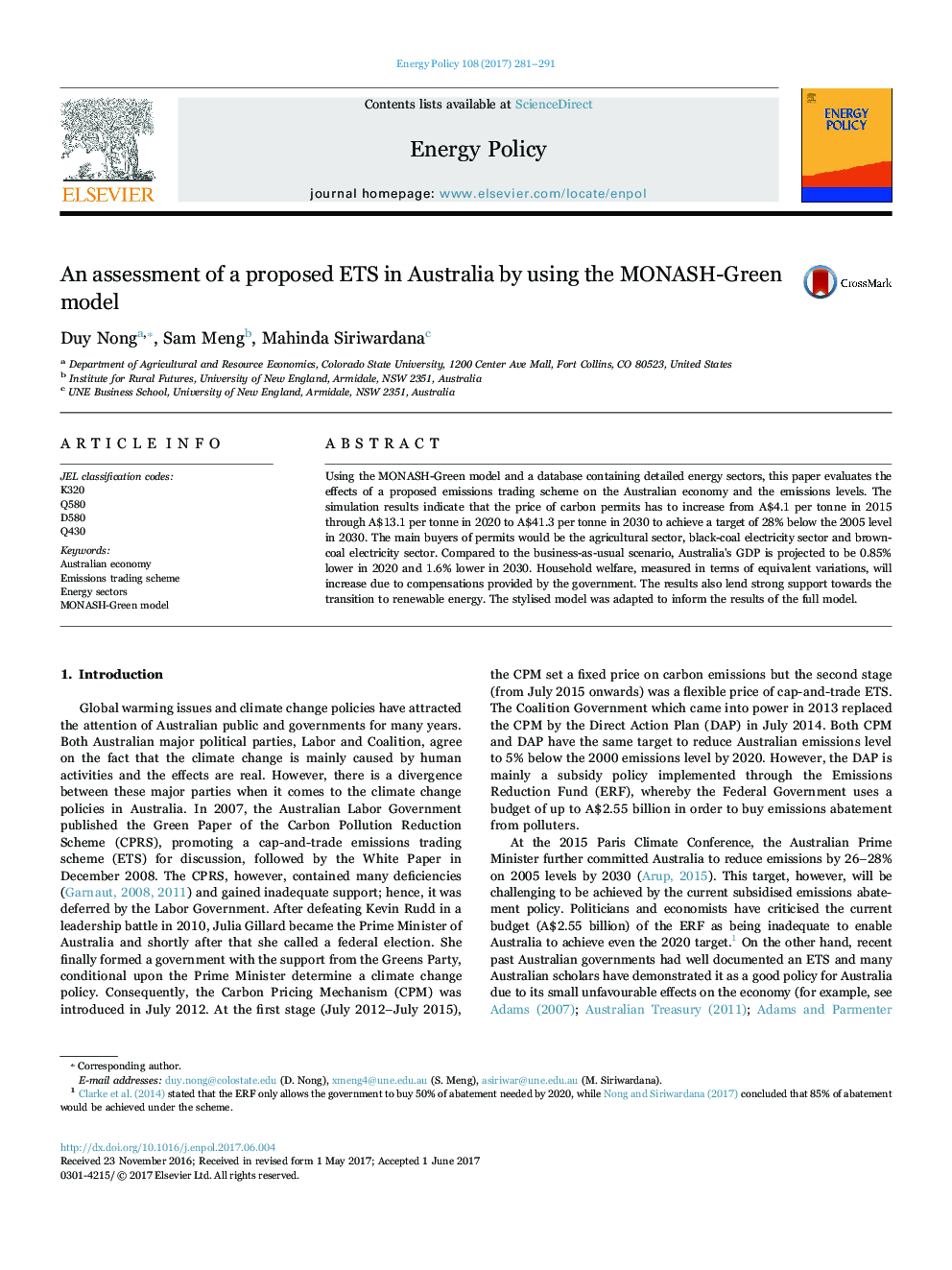 An assessment of a proposed ETS in Australia by using the MONASH-Green model