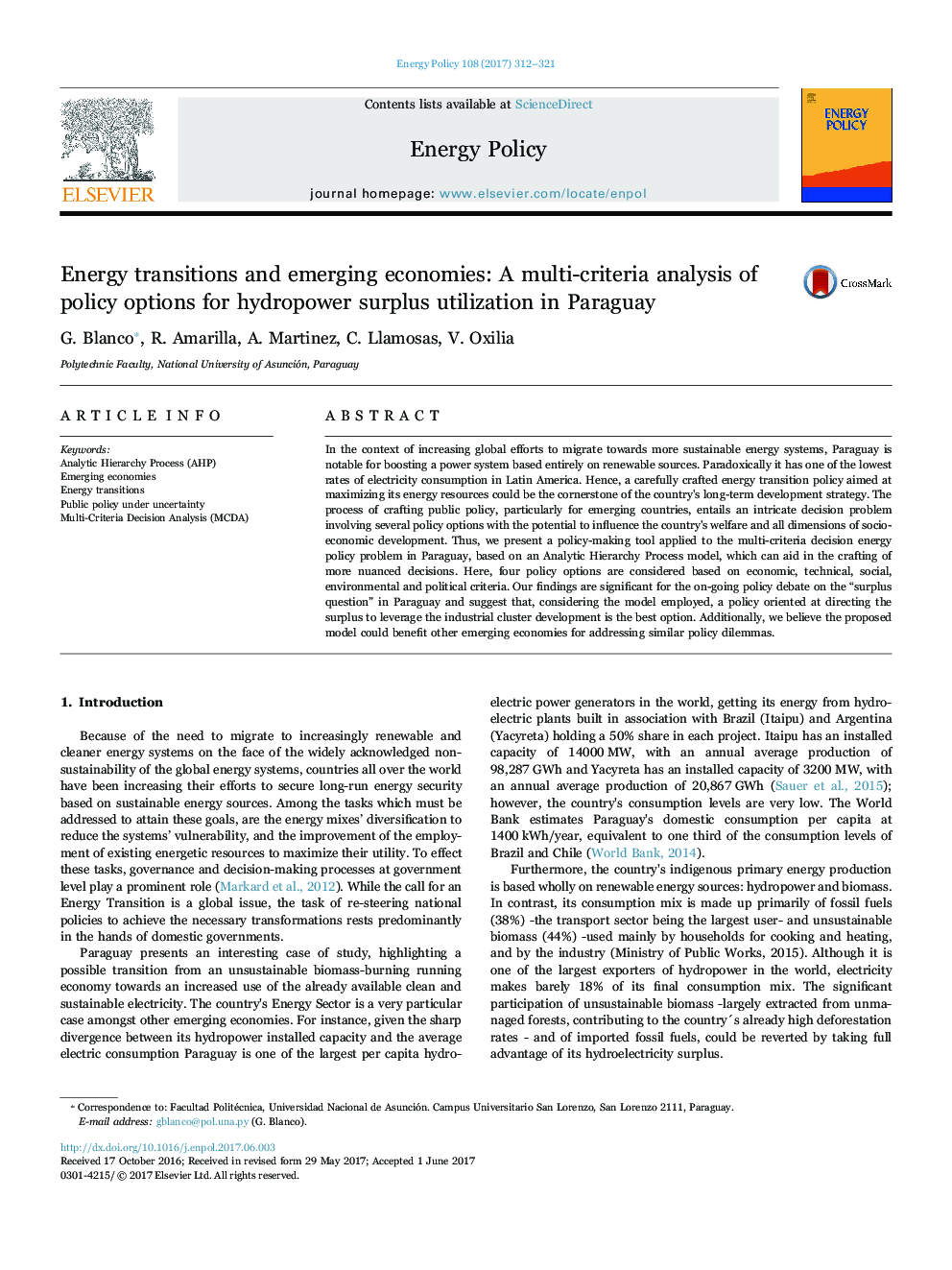 Energy transitions and emerging economies: A multi-criteria analysis of policy options for hydropower surplus utilization in Paraguay