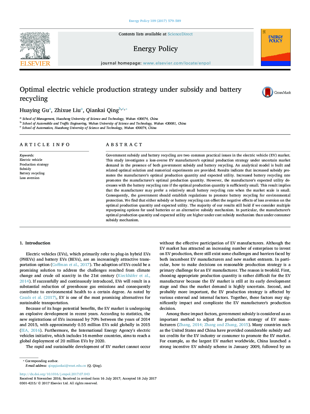 Optimal electric vehicle production strategy under subsidy and battery recycling