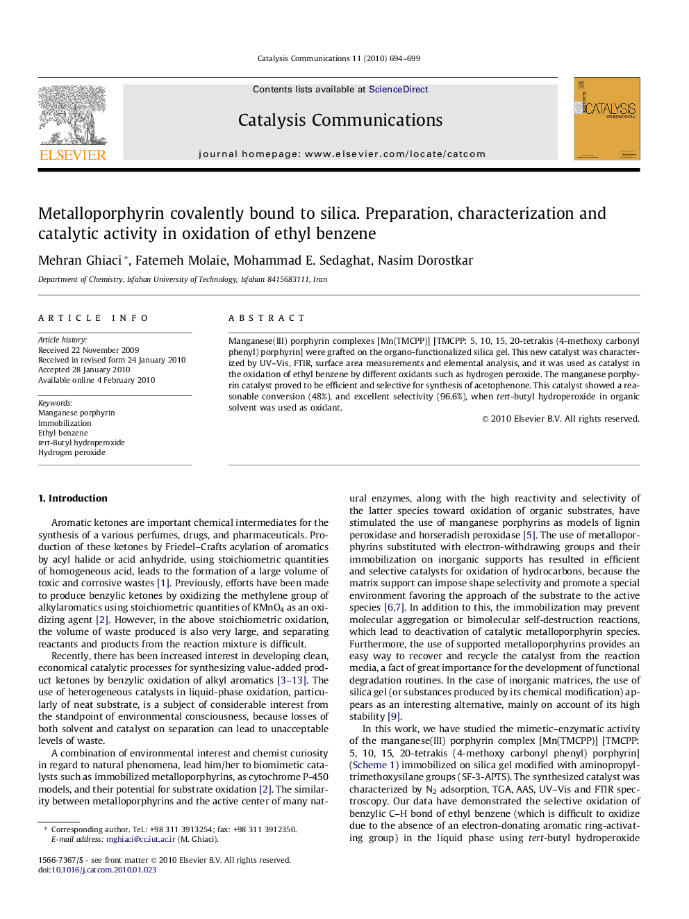 Metalloporphyrin covalently bound to silica. Preparation, characterization and catalytic activity in oxidation of ethyl benzene