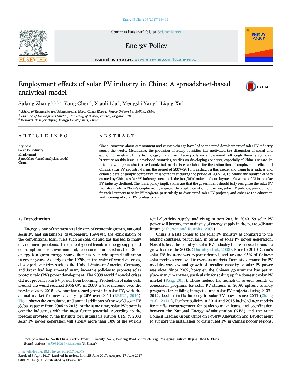 Employment effects of solar PV industry in China: A spreadsheet-based analytical model