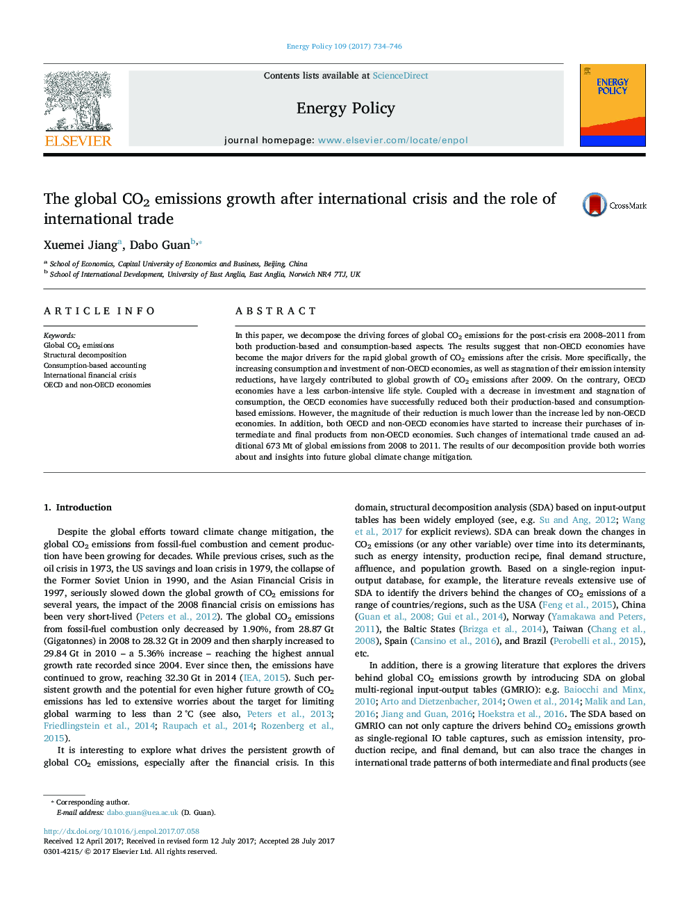 The global CO2 emissions growth after international crisis and the role of international trade