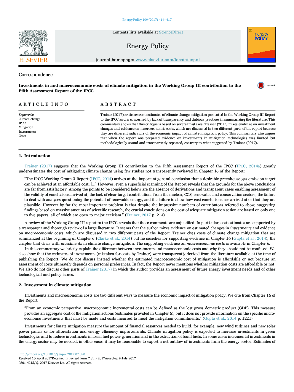 Investments in and macroeconomic costs of climate mitigation in the Working Group III contribution to the Fifth Assessment Report of the IPCC