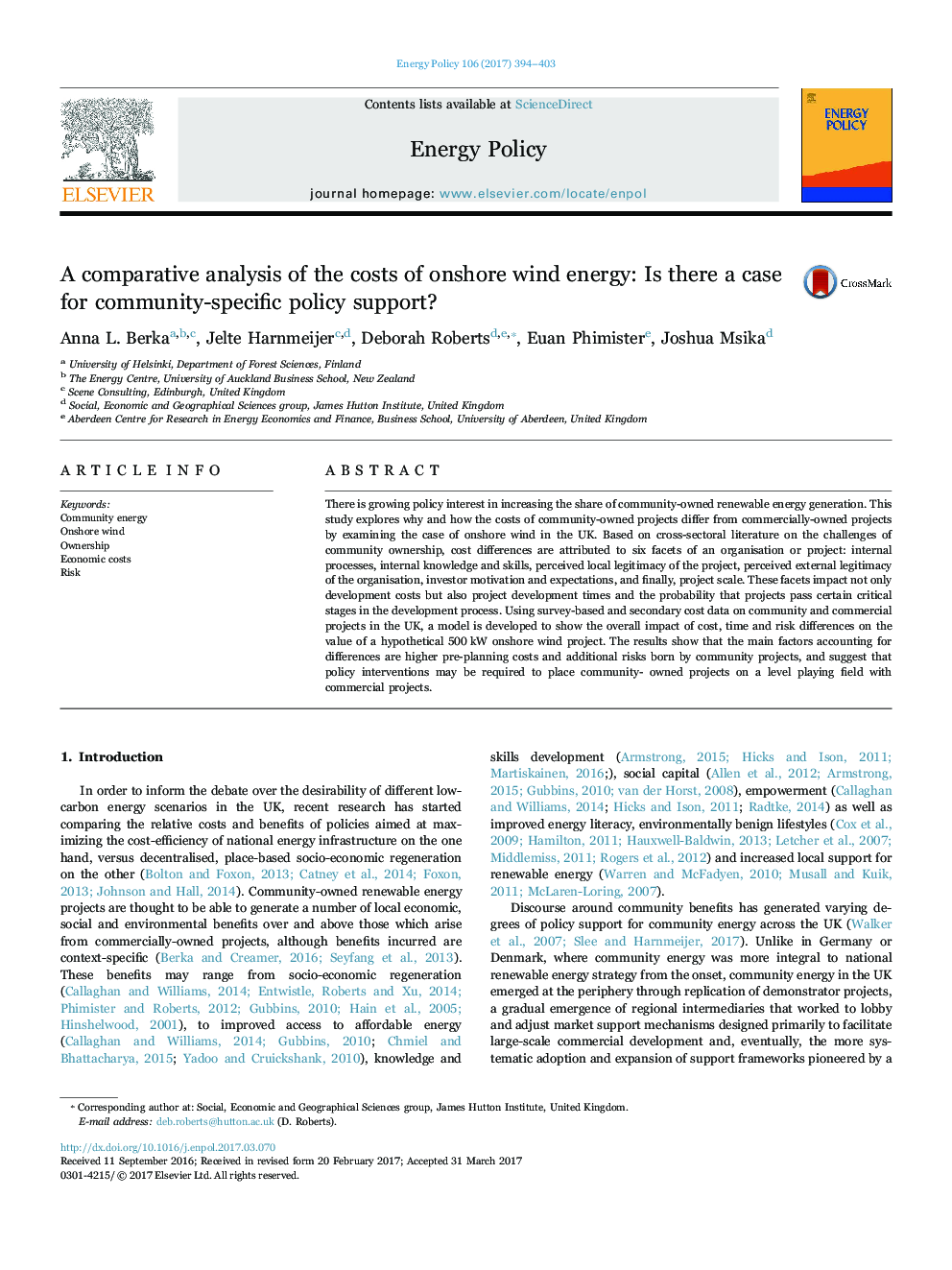 A comparative analysis of the costs of onshore wind energy: Is there a case for community-specific policy support?