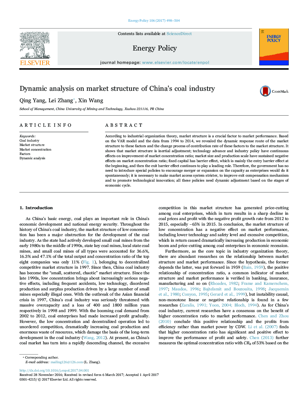 Dynamic analysis on market structure of China's coal industry