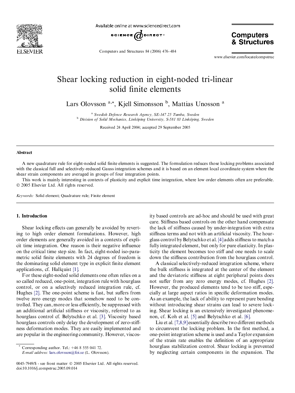 Shear locking reduction in eight-noded tri-linear solid finite elements