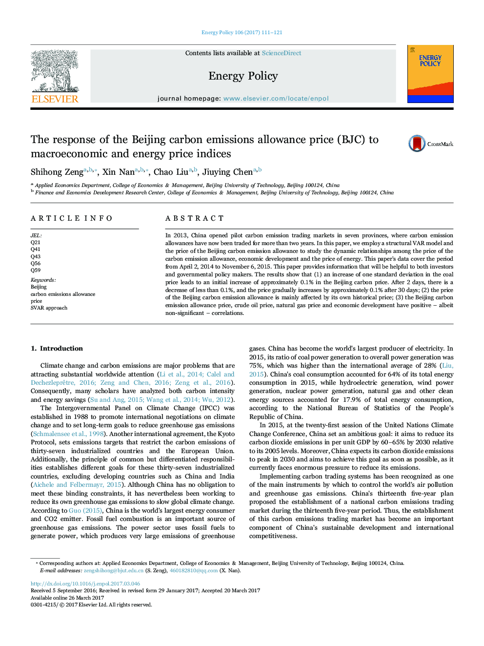 The response of the Beijing carbon emissions allowance price (BJC) to macroeconomic and energy price indices