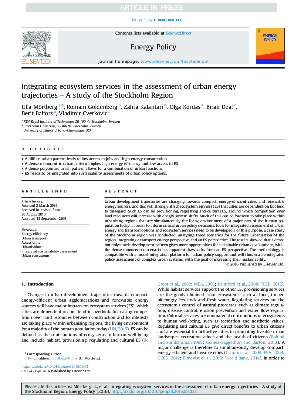 Integrating ecosystem services in the assessment of urban energy trajectories - A study of the Stockholm Region
