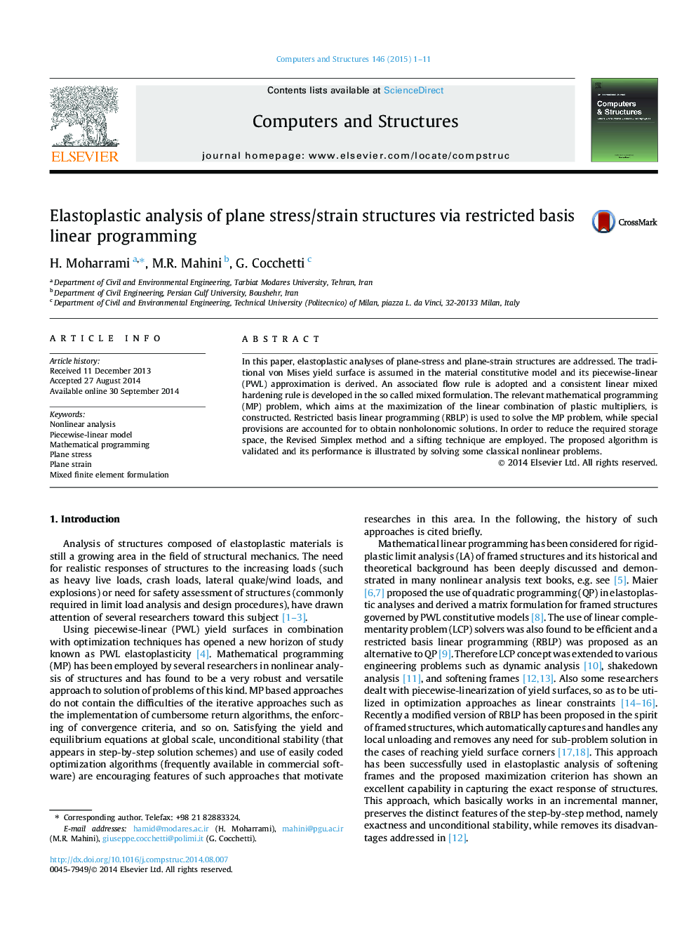 Elastoplastic analysis of plane stress/strain structures via restricted basis linear programming