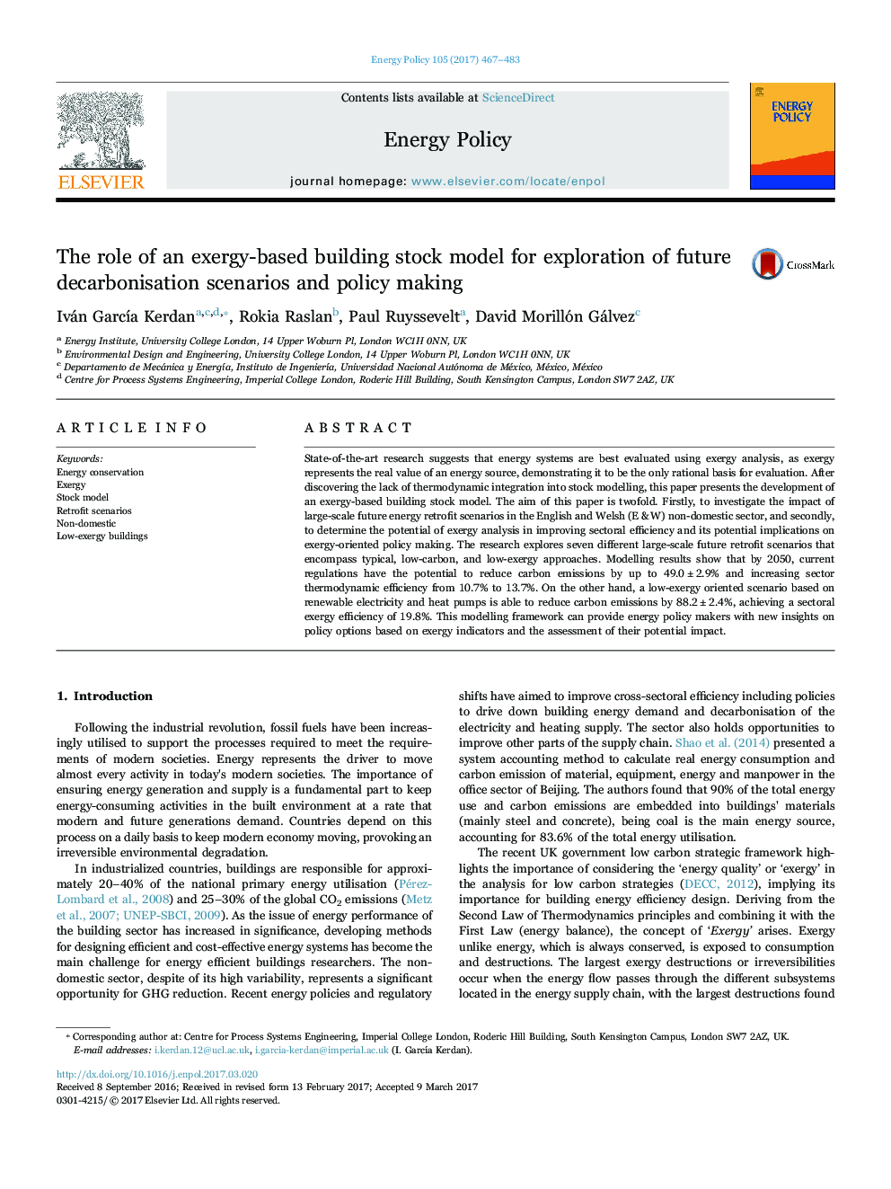 The role of an exergy-based building stock model for exploration of future decarbonisation scenarios and policy making