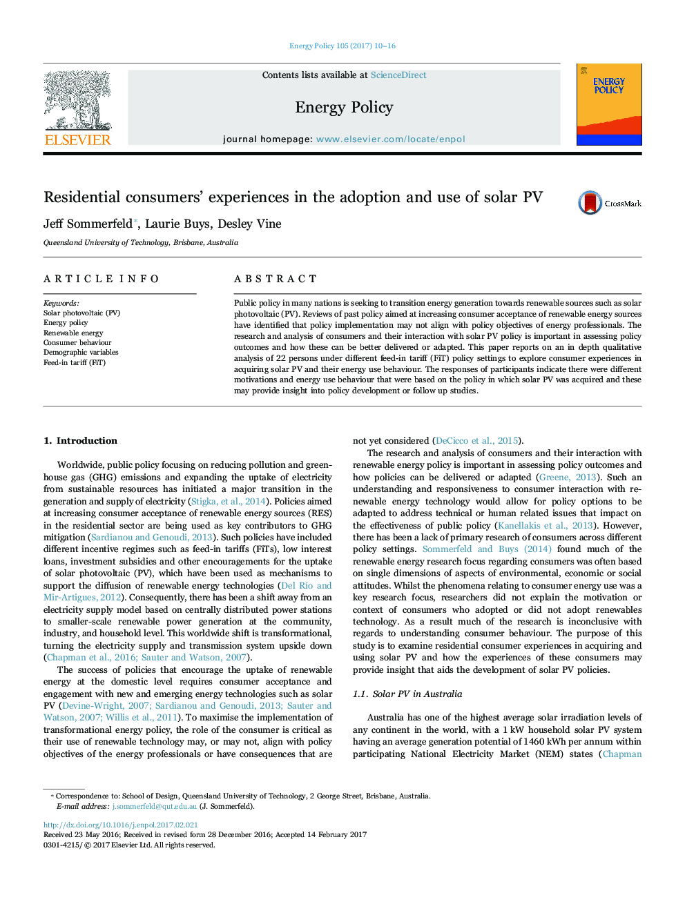 Residential consumers' experiences in the adoption and use of solar PV