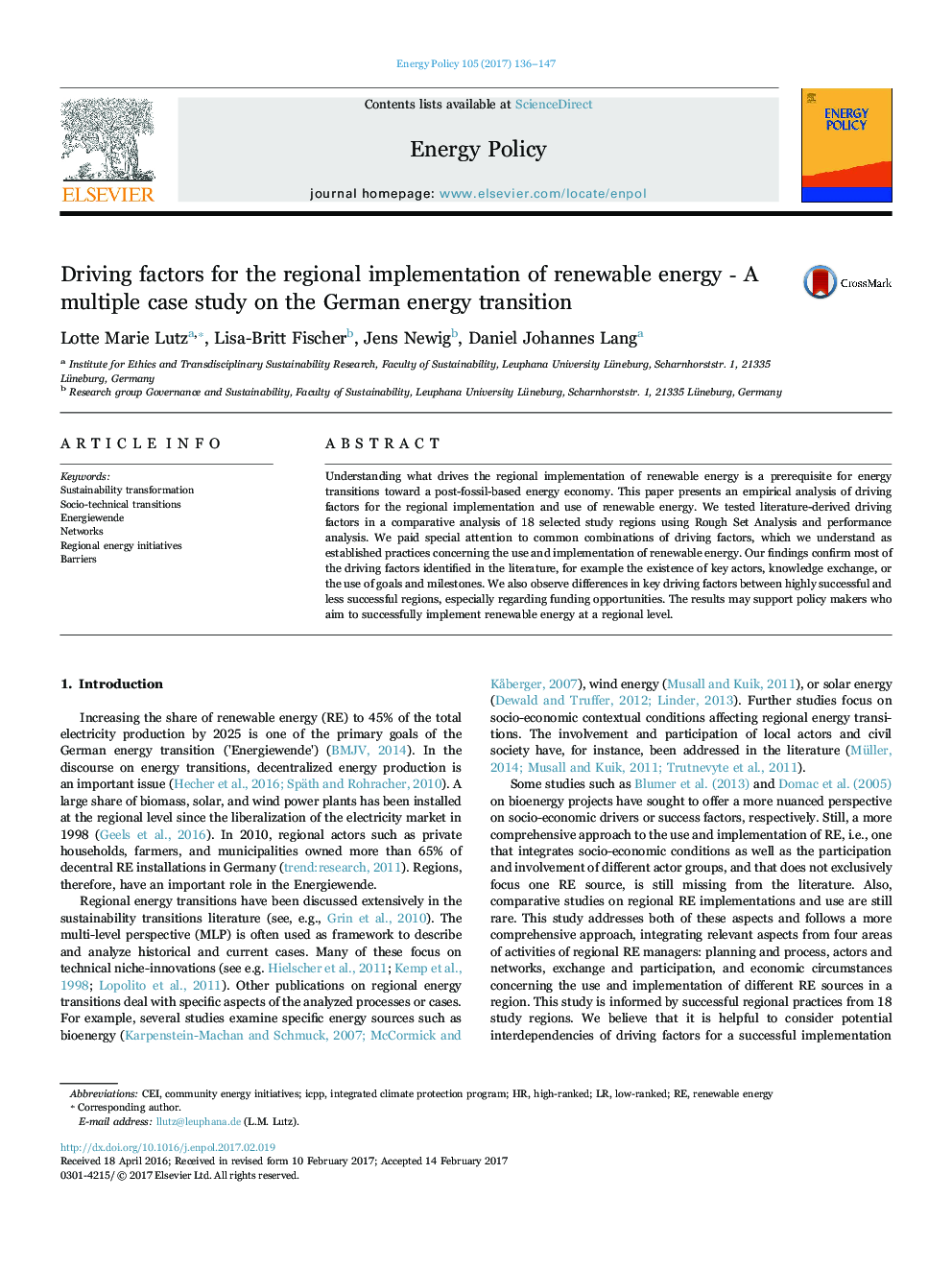 Driving factors for the regional implementation of renewable energy â A multiple case study on the German energy transition