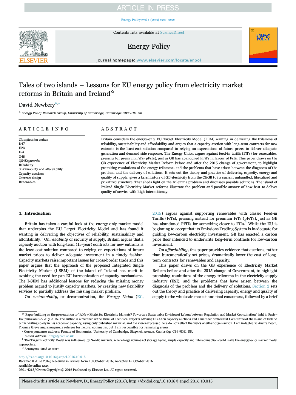 Tales of two islands - Lessons for EU energy policy from electricity market reforms in Britain and Ireland