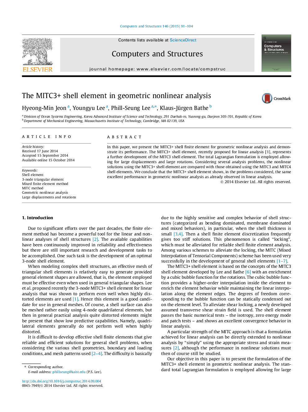 The MITC3+ shell element in geometric nonlinear analysis