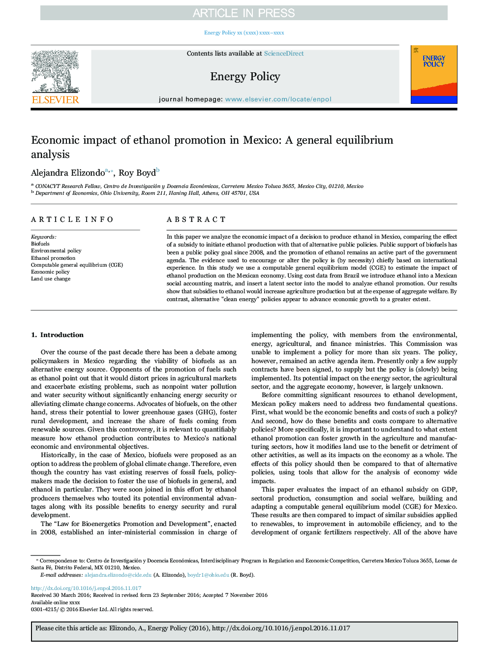 تاثیر اقتصادی ترویج اتانول در مکزیک: یک تحلیل عمومی تعادل 