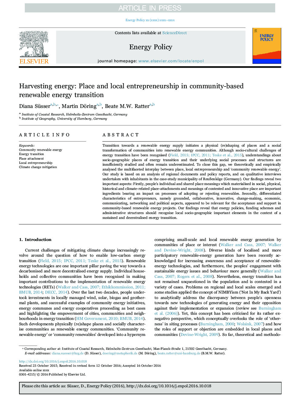 برداشت انرژی: محل و کارآفرینی محلی در انتقال انرژی های تجدید پذیر مبتنی بر جامعه 