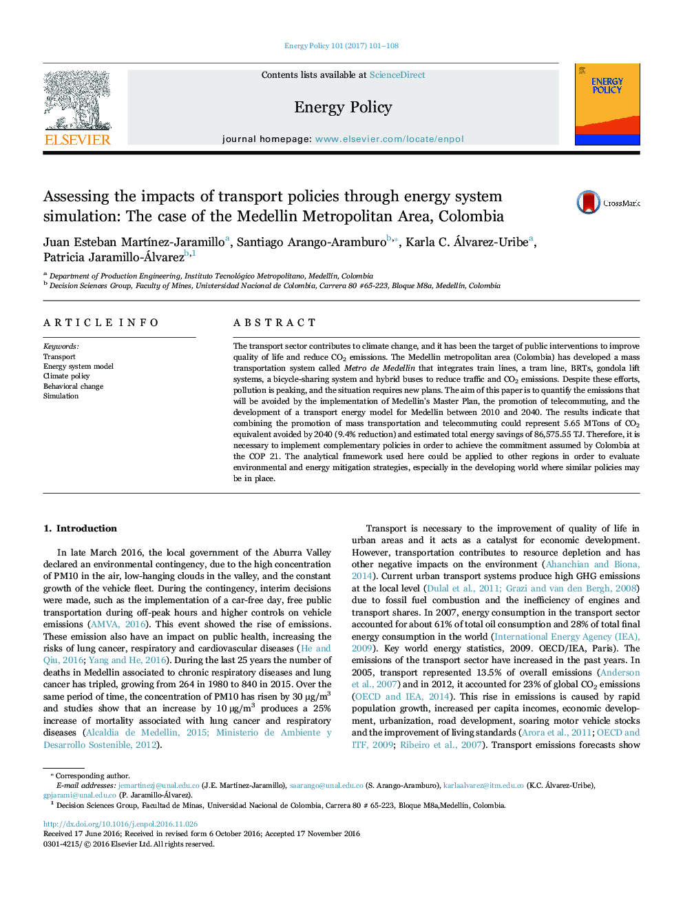 Assessing the impacts of transport policies through energy system simulation: The case of the Medellin Metropolitan Area, Colombia