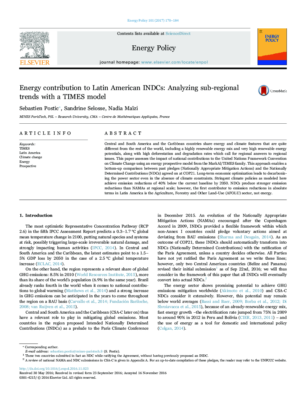 Energy contribution to Latin American INDCs: Analyzing sub-regional trends with a TIMES model